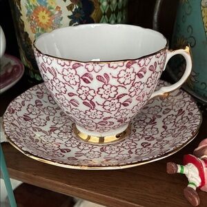 Floral Teacup and Saucer with Gold Trim